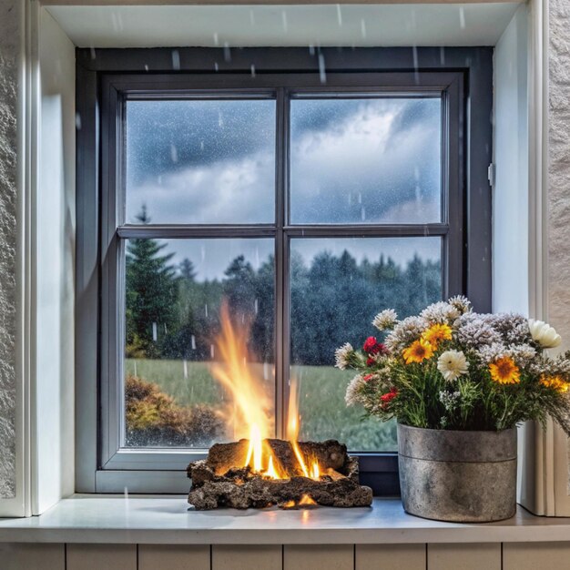 Photo a fire place with a pot of flowers and a fire in it