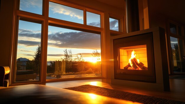 Photo a fire place with a window that has the sun setting in the background