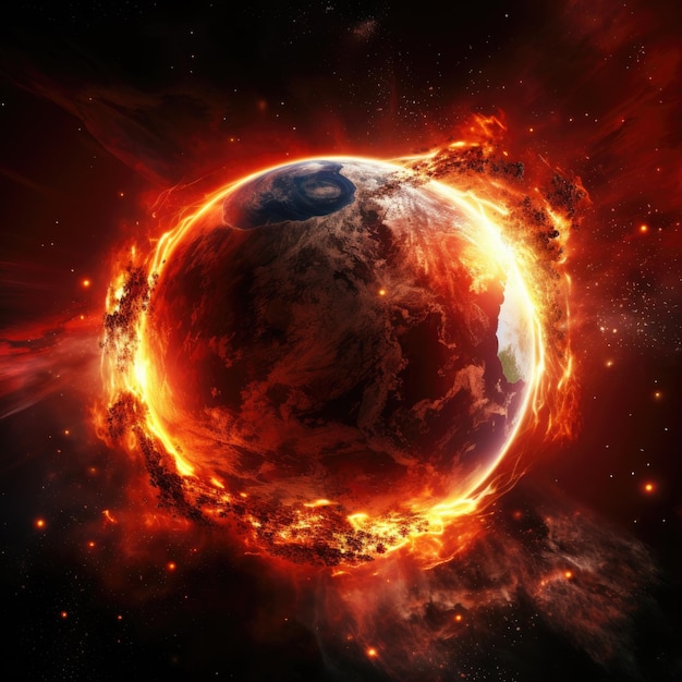 Fire planet burning in space Global catastrophe concept illustration Generative AI content