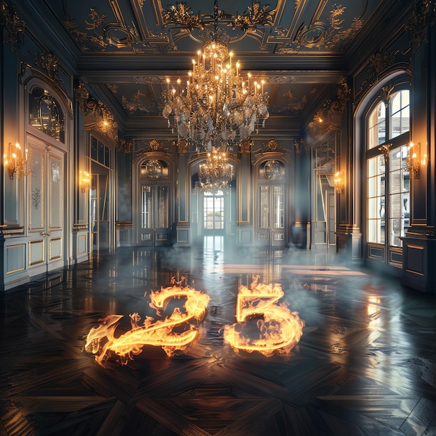 Photo a fire in a room with a chandelier and a fire in it