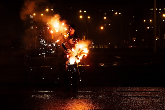 Fire show performance in the dark