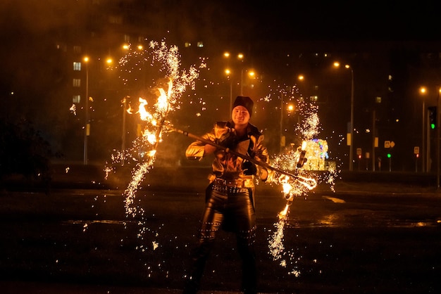 Fire show performance in the dark