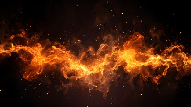 Fire sparks particles with flames isolated on black background Very high resolution