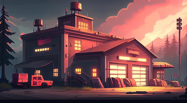 Fire station 2D background environment for a mobile game A high quality horizontal background landscape Gaming template design location Generative ai