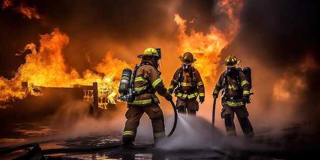 Fire teams use swirling water mist extinguishers to fight the oil blaze to keep the fire under control