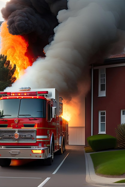 Fire truck on the street near the burning house