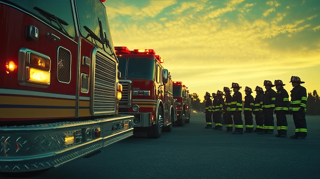 Photo fire trucks lined up in preparation for a mission ai generated image