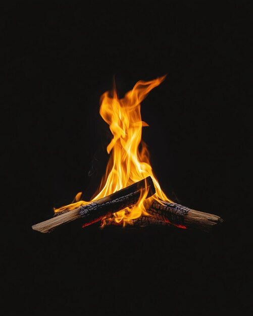 a fire with a black background and a stack of sticks in the middle of it