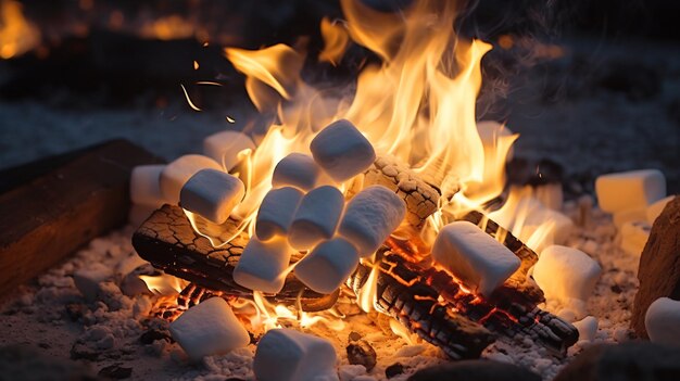 a fire with eggs and marshmallows on it