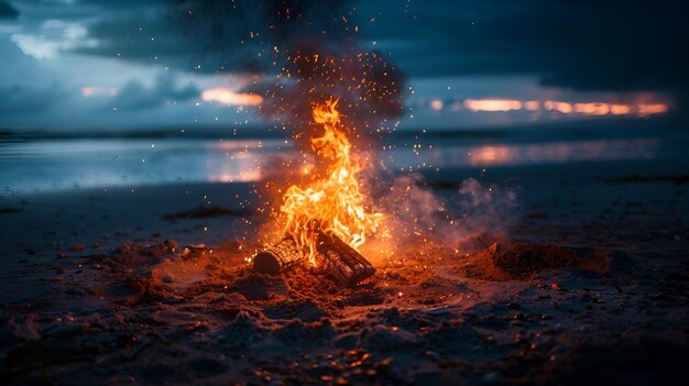 a fire with a fire burning in it and a beach in the background