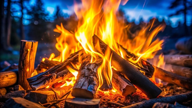 a fire with a log in the background and a log in the foreground