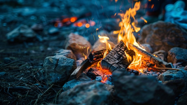 a fire with a log and a log in the background