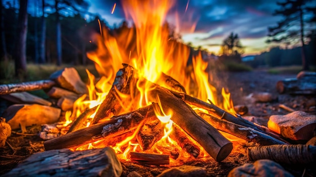 a fire with a picture of a fire and a forest in the background