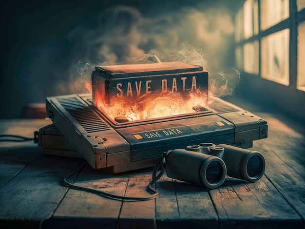 a fire with a sign that says save data