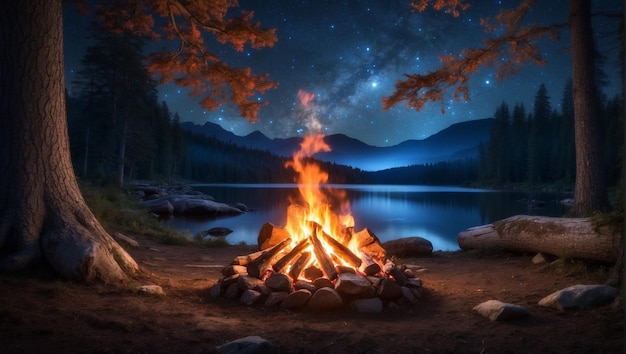 a fire with a starry sky and a campfire