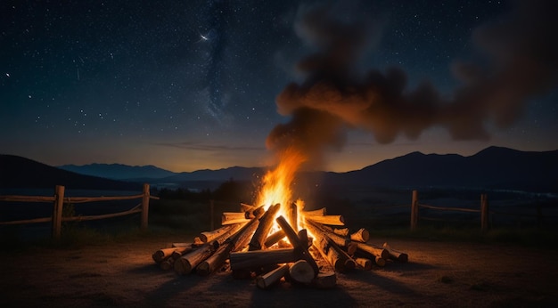 a fire with a starry sky and a mountain in the background