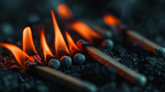 Photo a fire with a wooden stick on it and a black coals in the background