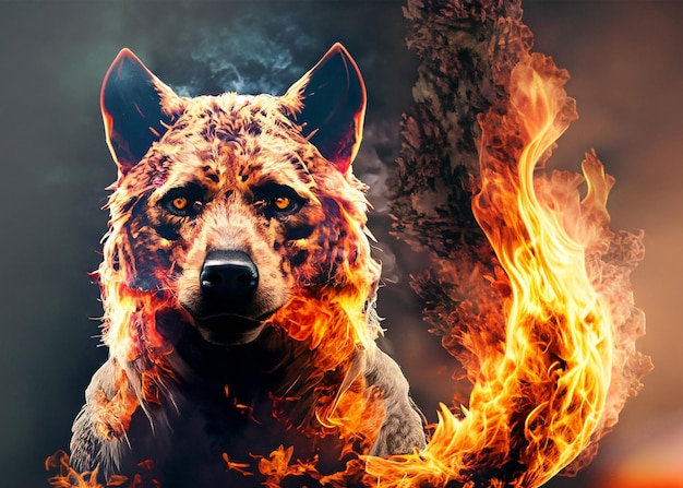 Fire wolf head double exposure portrait image