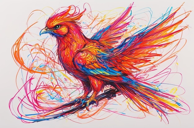 Firebird in chaotic wax crayon drawing style