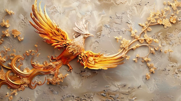 Firebird stucco on the wall with gold elements