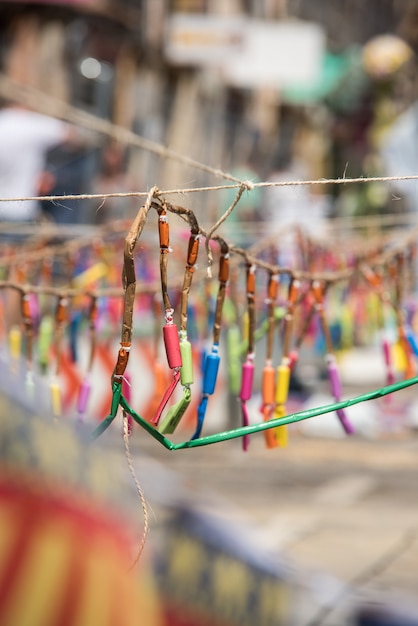 Firecrackers ready for the mascleta during the fallas of Valencia.