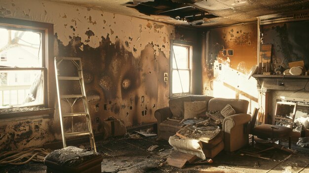 Photo a firedamaged living room with charred walls broken furniture and debris illustrating the destructive aftermath of a house fire and evoking a sense of loss and devastation