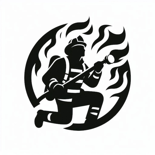 Firefighter in Action Logo Icon Silhouette in Vector Style on White Background