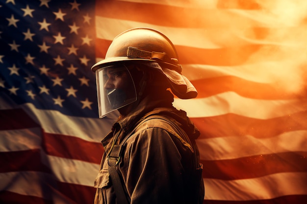 Firefighter on the background of the USA flag Labor Day AI generated