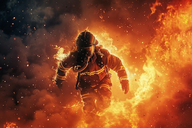 Photo firefighter in a blaze