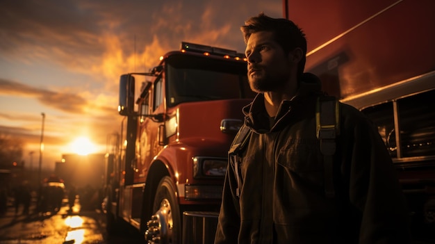 A firefighter dressed in work clothes stands in front of a fire truck