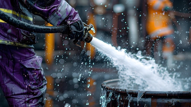 Firefighter Extinguishing Barrel Fire with Water Spray During Emergency Service Scene