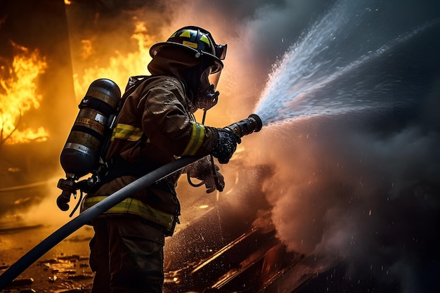 A firefighter extinguishing a fire with a hose symbolizing the bravery and dedication