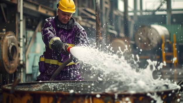 Firefighter Extinguishing Flames from Oil Drum During Emergency Response