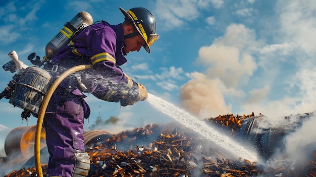 Firefighter Extinguishing Flames on Oil Drum with Powerful Water Spray