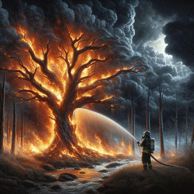 Firefighter extinguishing a forest fire with a big tree in the background