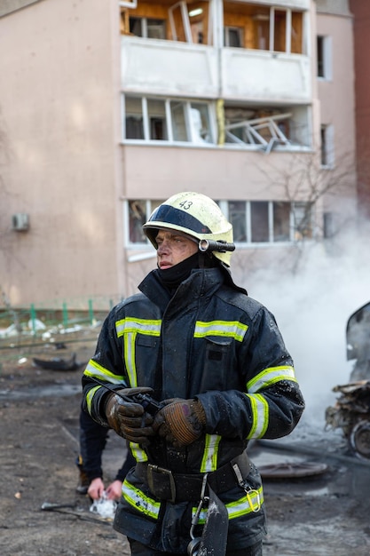 Firefighter during firefighting after the bombing of Kiev