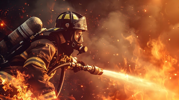 Photo a firefighter in full gear battling a large fire spraying water from a hose