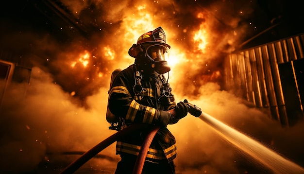 A firefighter in full gear directs a powerful stream of water at a roaring fire engulfing a building