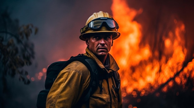 Firefighter in full gear in front of a wildfire Generative AI