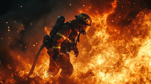 Photo a firefighter in full gear stands bravely against a wall of flames his silhouette a symbol of