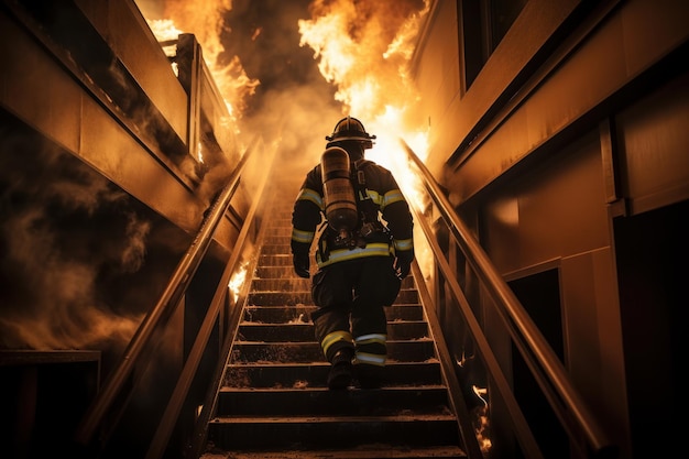 Photo firefighter in full gear walking up stairway severe fire generative ai