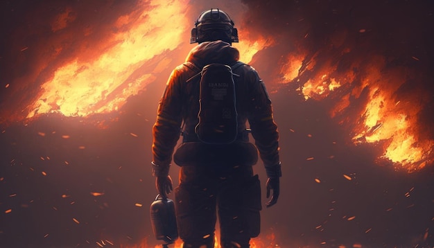 The firefighter gazes at the massive flames and smoke of the big fire Generative AI