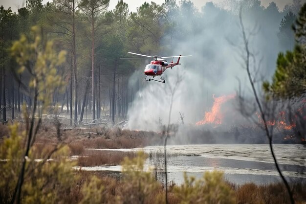 Firefighter helicopter extinguishes forest fire Generative AI illustration