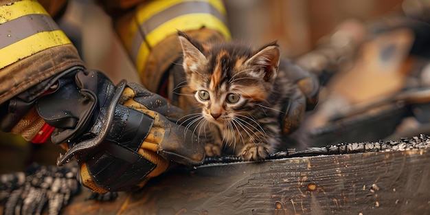 Firefighter heroically saves kitten from burning building in dramatic rescue Concept Rescue Firefighter Kitten Hero Dramatic