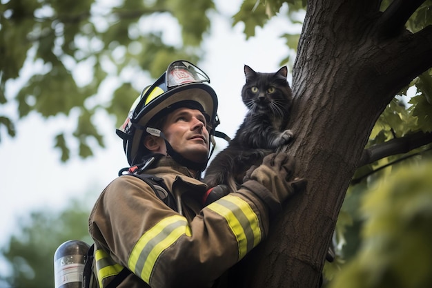 Firefighter in his gear rescuing a cat in black from a tree