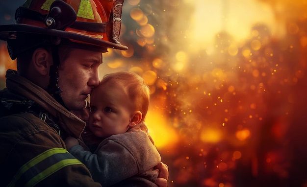 Firefighter holding a baby in his arms against the backdrop