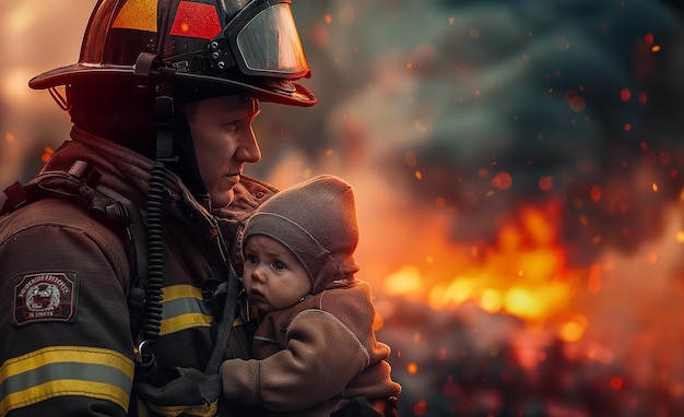 Firefighter holding a baby in his arms against the backdrop