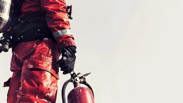 Photo firefighter holding fire extinguisher against white background