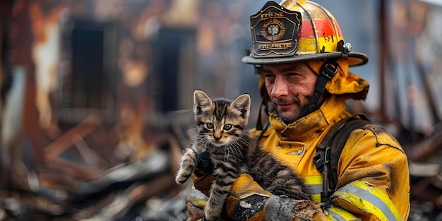 Firefighter holding kitten in front of burnt house rescuing animals from fire Concept Heroic Actions Animal Rescue Firefighter Bravery Heartwarming Moments Community Support