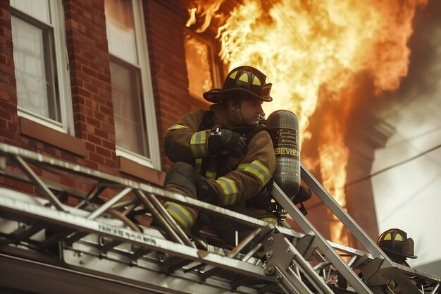 A firefighter is seen in a burning building with other firefighters